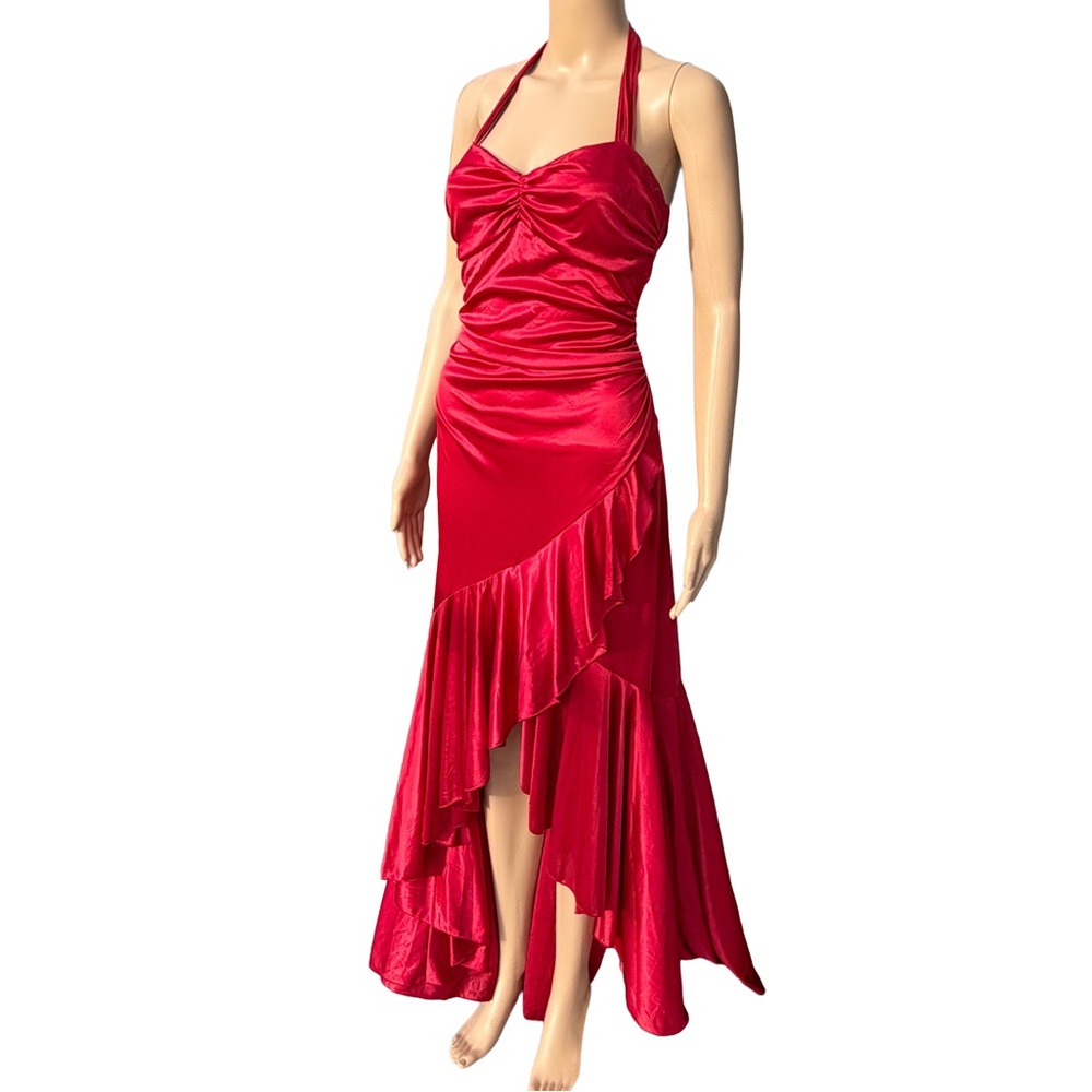 vintage y2k red halter satin high-low prom dress evening gown